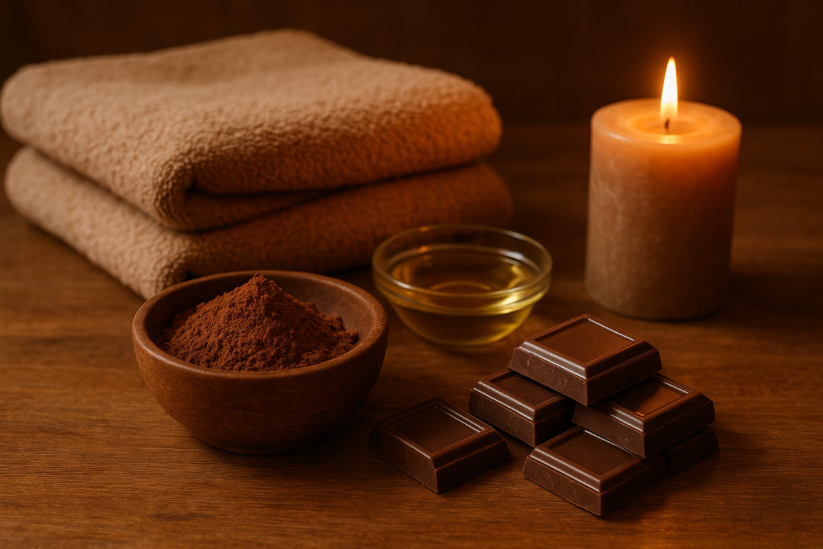 Schokoladenmassage-Zutaten und Spa-Utensilien auf einem Wellnesstisch