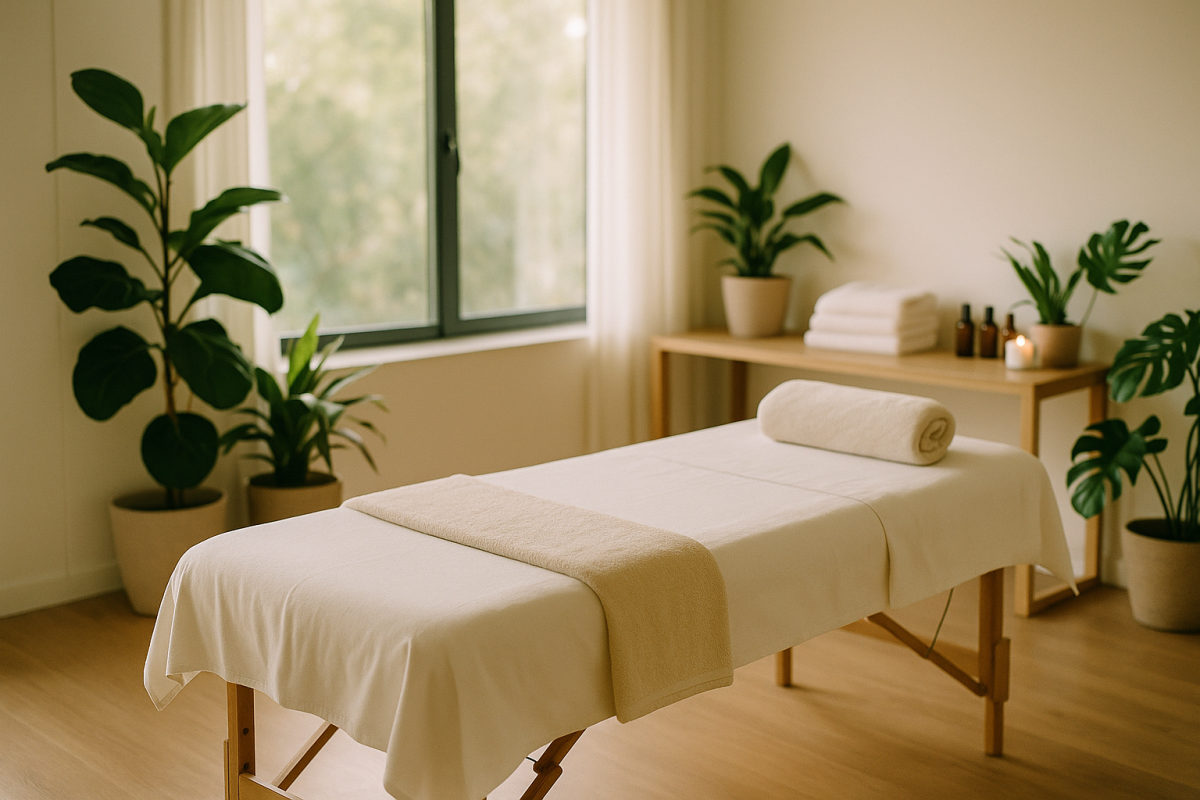 Helles, modernes Spa-Behandlungszimmer mit vorbereiteter Massageliege und warmem Tageslicht