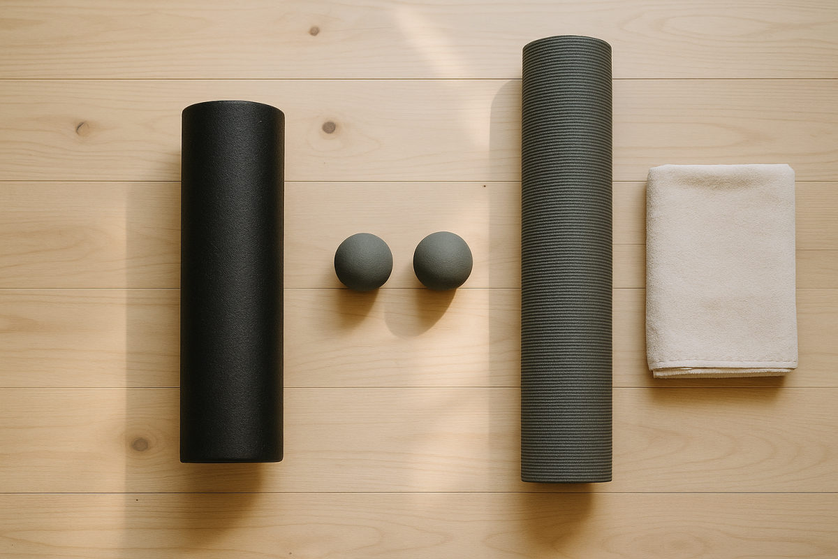 Vollständig bekleidete Person rollt auf einer Faszienrolle in einem hellen Wellness-Studio