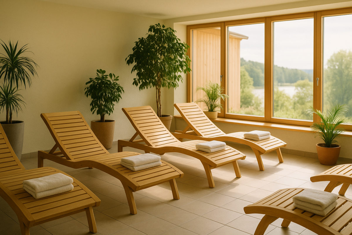 Heller Spa-Ruhebereich mit Holzliegen, Pflanzen und großen Fenstern in Urlaubsatmosphäre