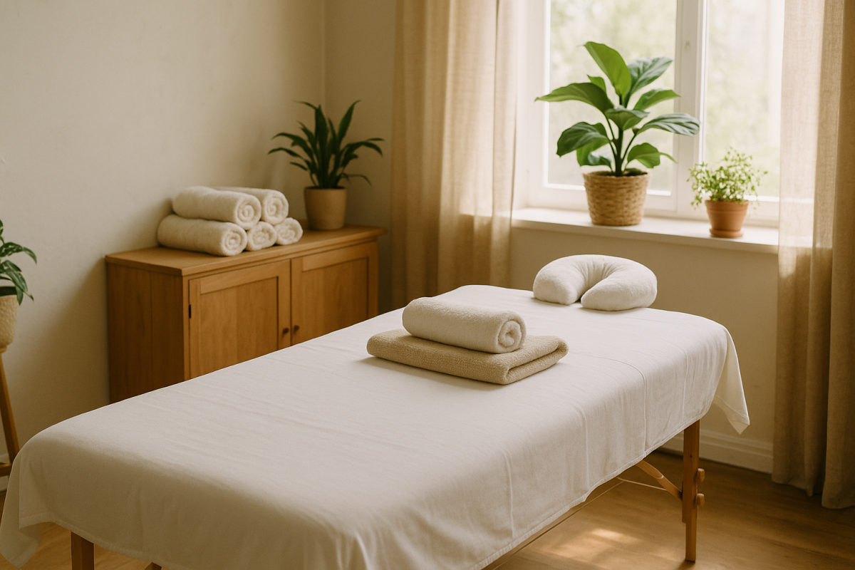 Ruhiger, professionell vorbereiteter Massageraum mit frisch bezogener Liege und warmem Tageslicht als Sinnbild für präventive Wellnessmassage