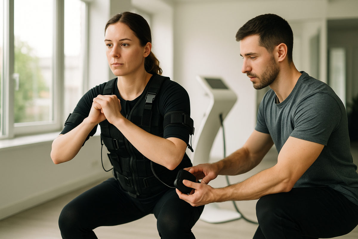 Frau in EMS-Trainingsweste absolviert unter Anleitung einer Trainerin eine Kniebeuge im Fitnessstudio