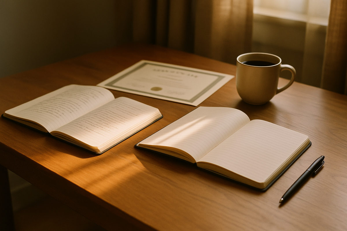 Aufgeräumter Schreibtisch mit Notizbüchern, Zertifikat und Kaffee zur Prüfungsvorbereitung