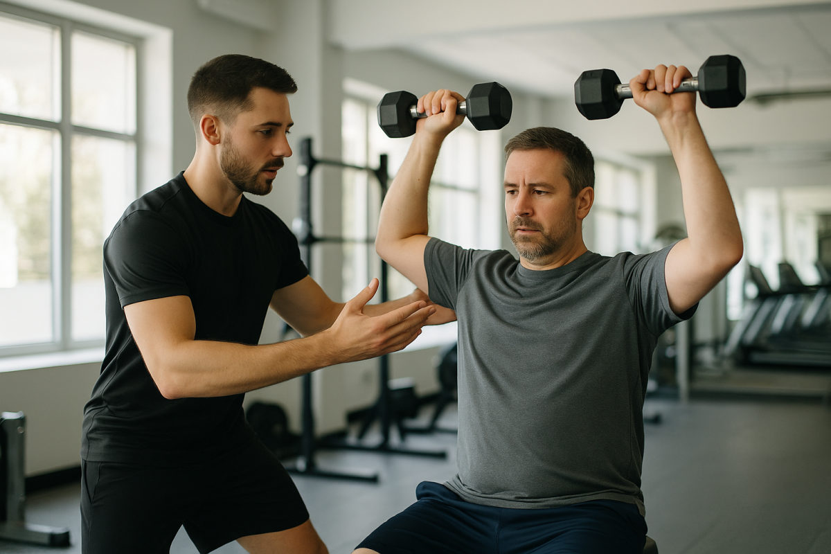 Personal Trainer betreut eine Kundin beim Krafttraining mit Kurzhanteln im Fitnessstudio