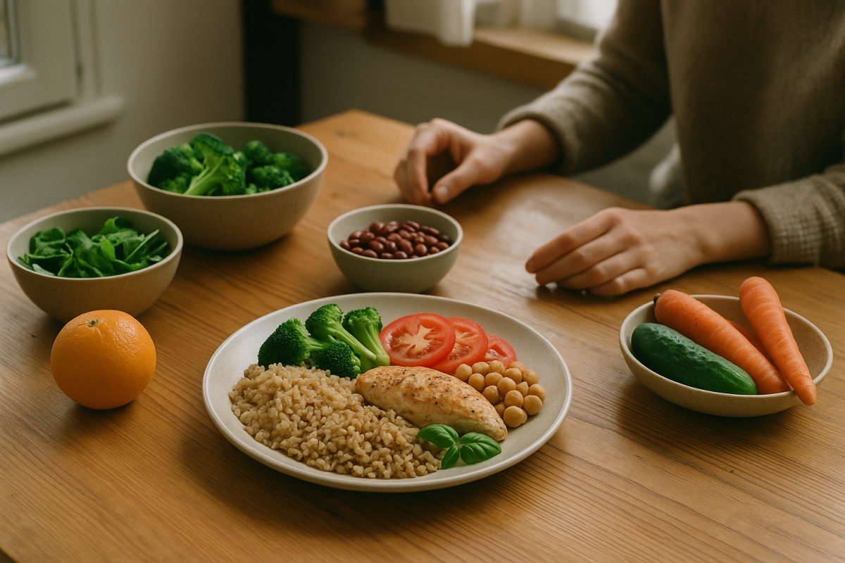 Ausgewogene, frische Mahlzeit mit Gemüse, Vollkorn und Obst