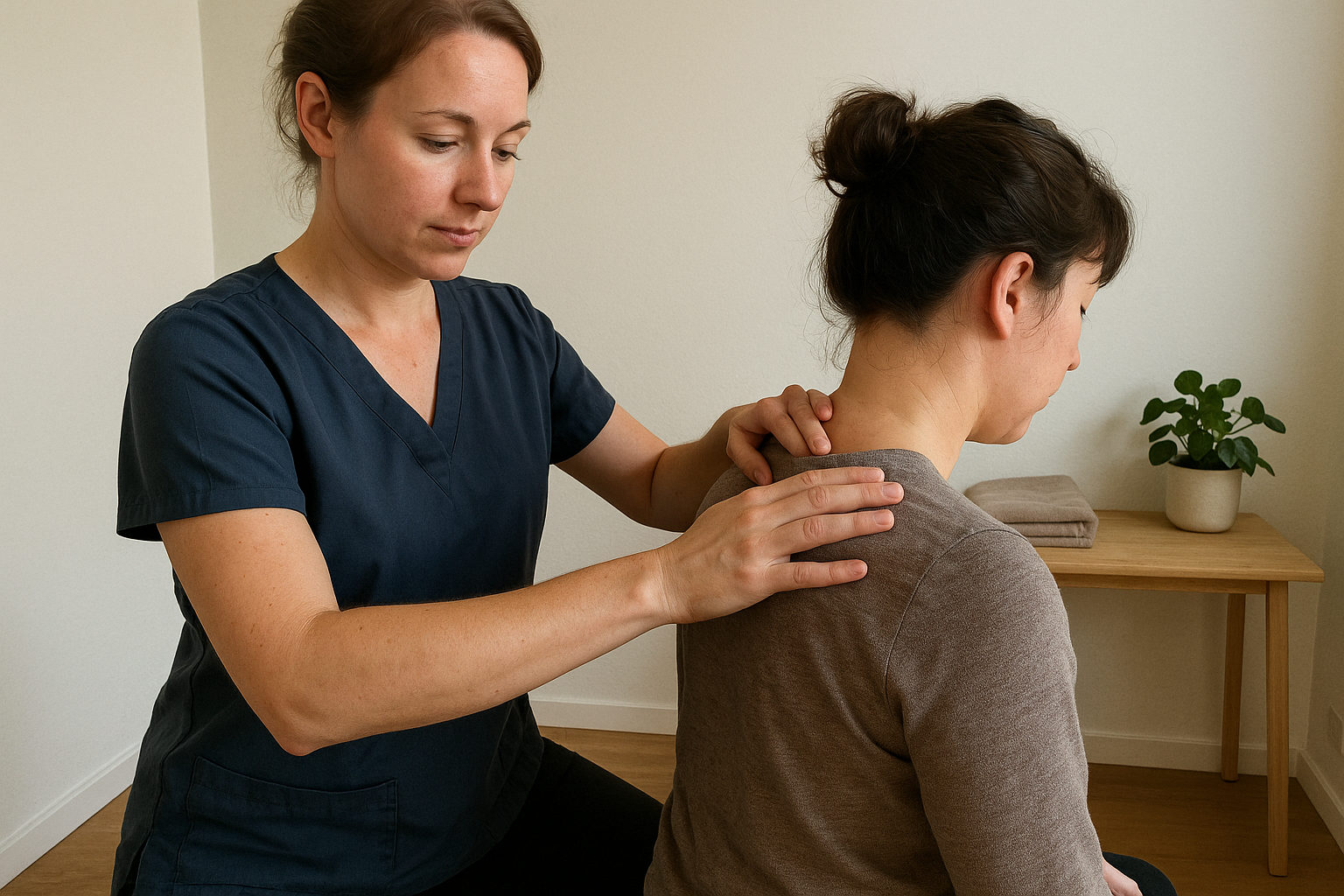 Massagetherapeut behandelt einen bekleideten Kunden an Nacken und Schulter