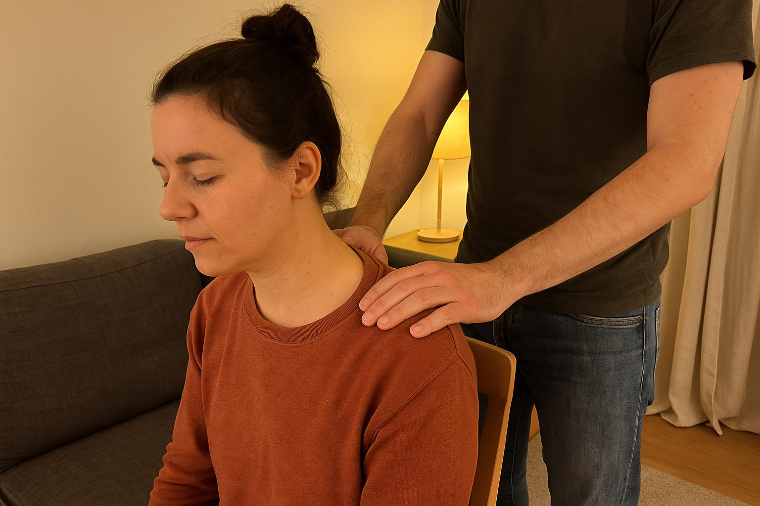 Person gibt einer entspannten Person zu Hause eine sanfte Nacken- und Schultermassage