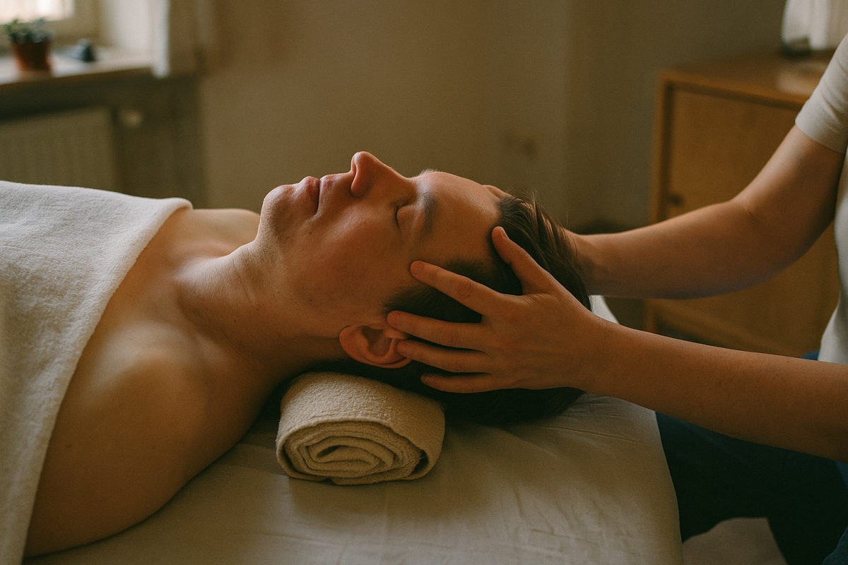 Hände geben eine sanfte Kopf- und Schläfenmassage auf der Liege