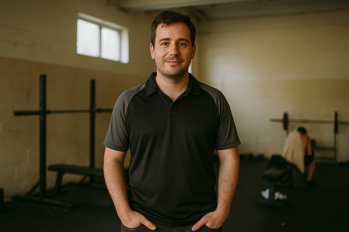 Fitnesstrainer im Sportshirt steht entspannt in einem schlichten Trainingsraum