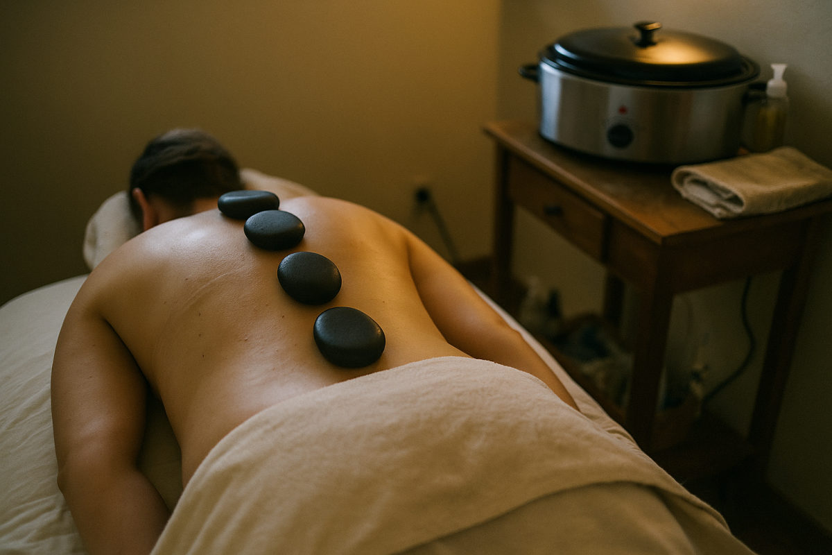 Basaltsteine liegen während einer Hot-Stone-Behandlung auf dem Rücken