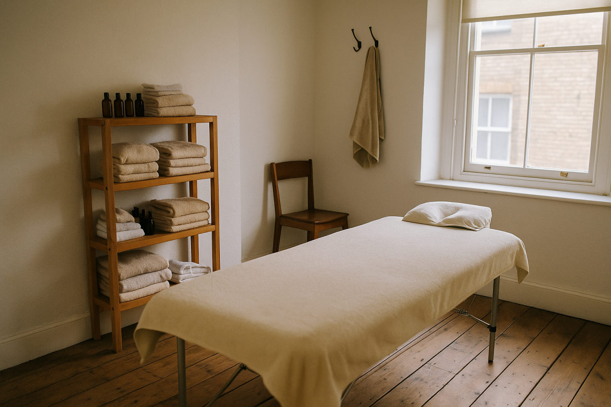 Kleiner Behandlungsraum einer Massagepraxis mit Liege, Handtüchern und Ölen
