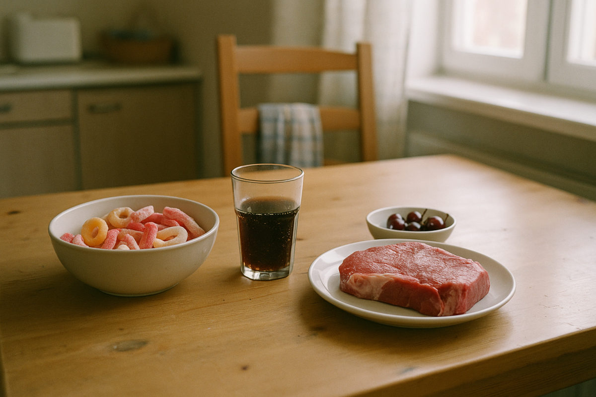 Küchentisch mit zuckerhaltigen Snacks, Limonade und rotem Fleisch neben einer Schale Kirschen