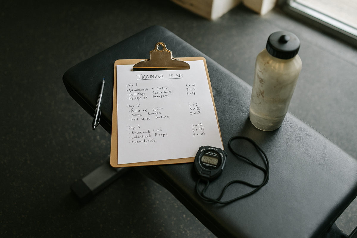Handgeschriebener Trainingsplan auf einem Klemmbrett neben Stoppuhr und Trinkflasche