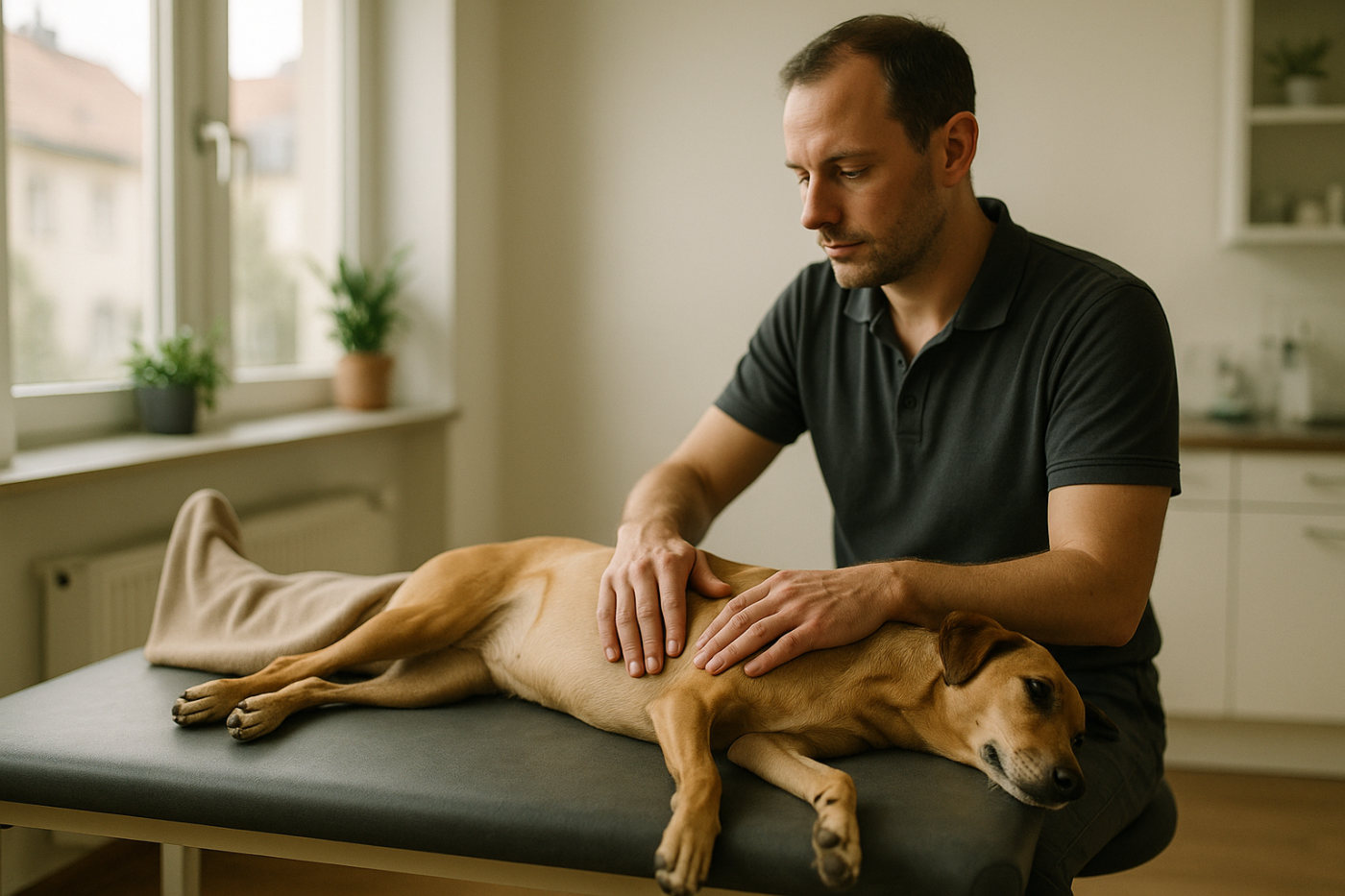 Hund liegt entspannt auf der Behandlungsliege, Therapeut behandelt den Rücken
