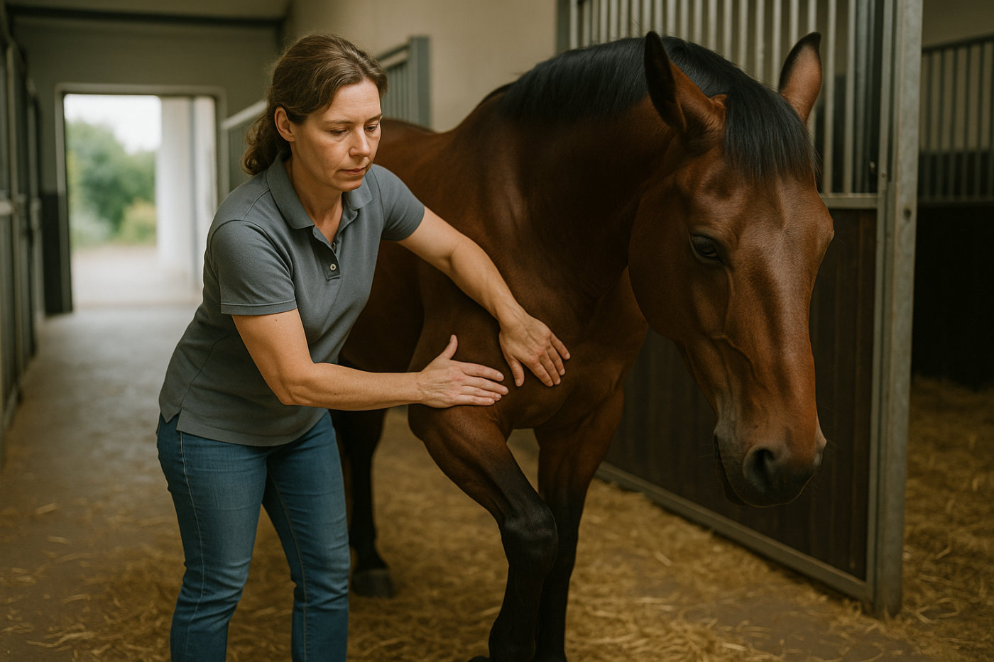 Manuelle Behandlung an der Schulter eines Pferdes im Stall