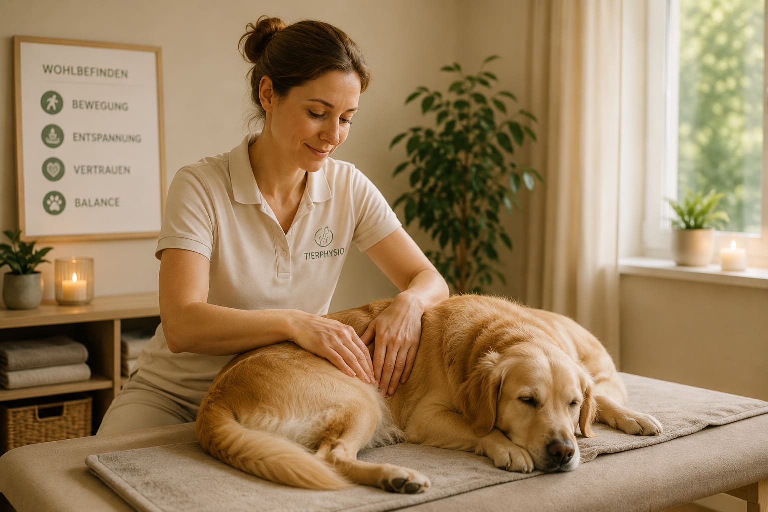Tierheilpraktikerin behandelt einen ruhigen Hund in heller Praxis