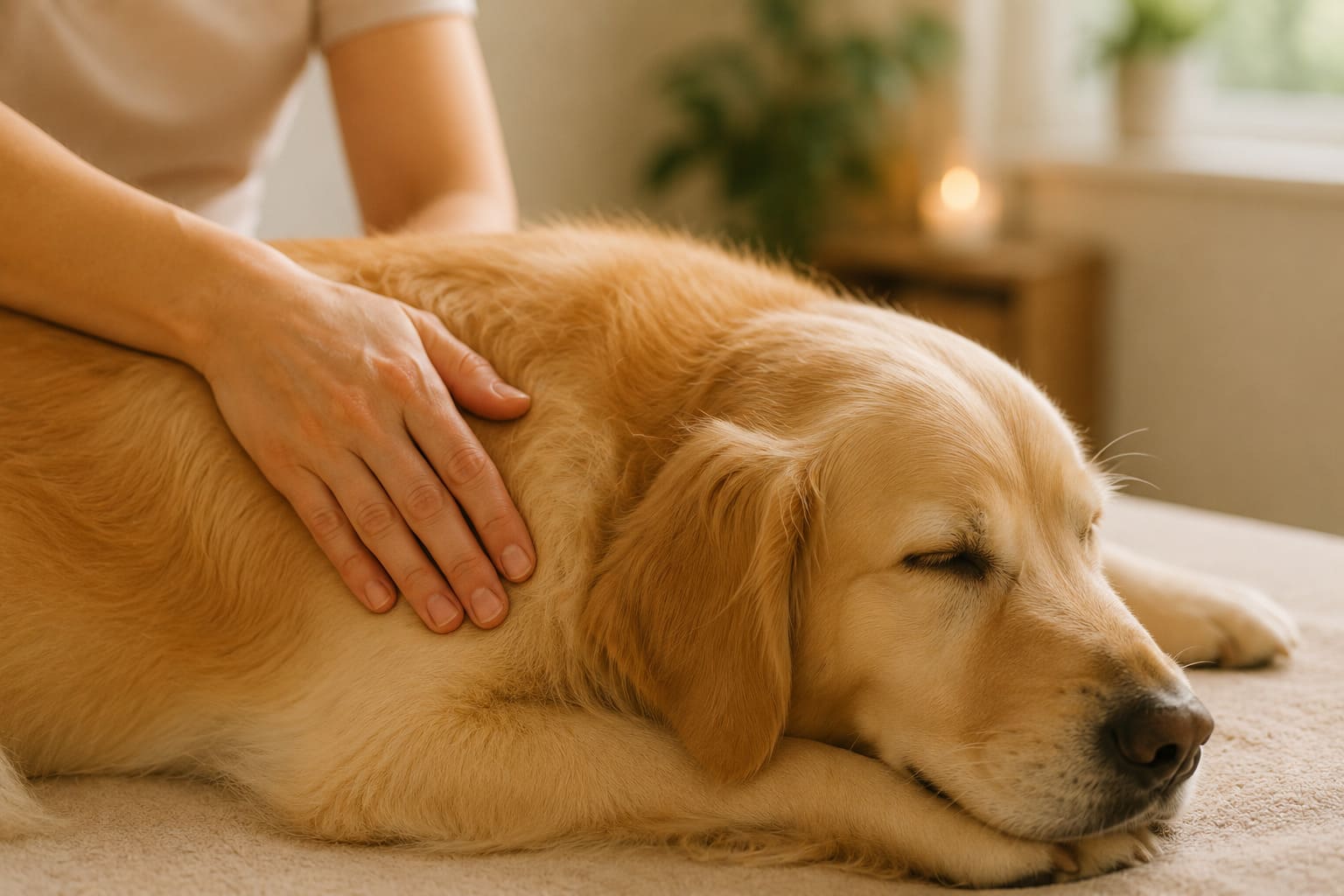 Sanfte Physiotherapie an einem entspannten Hund
