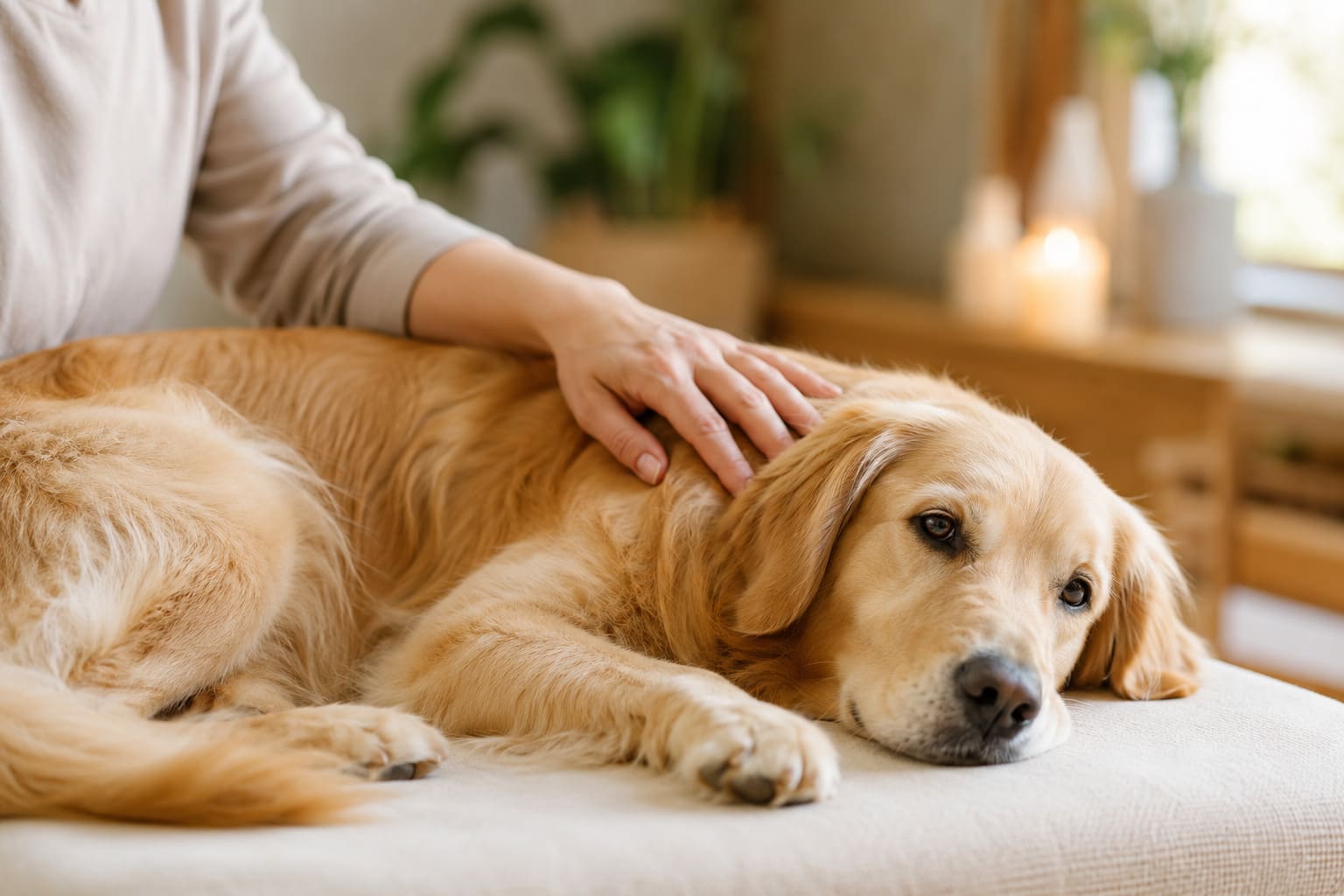 Hand ruht vertrauensvoll auf einem entspannten Hund