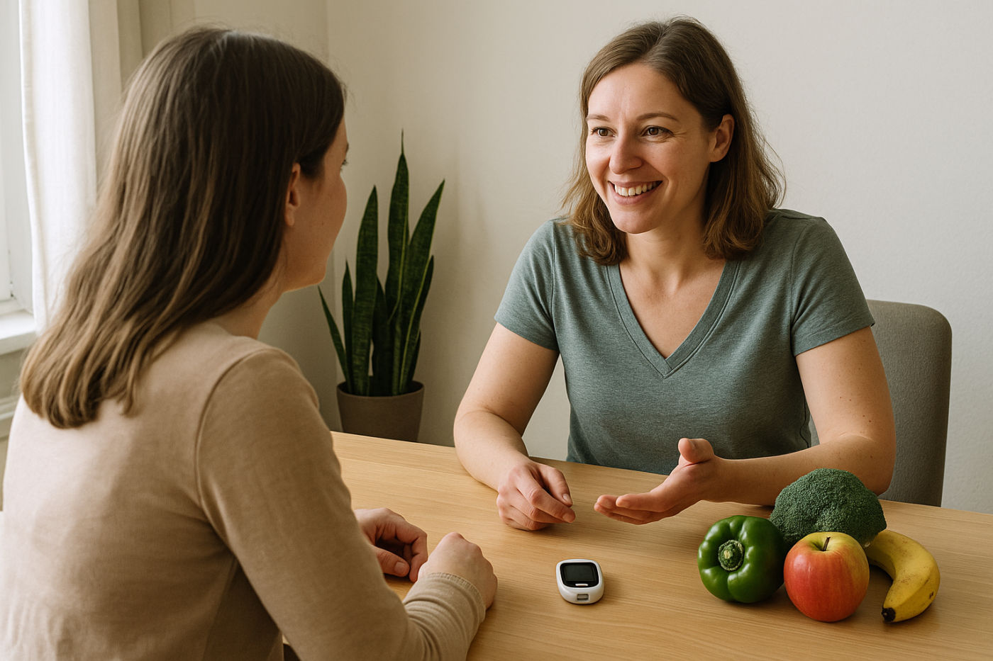 Gesundheits-Coach im Beratungsgespräch mit einer Klientin am Tisch, gesunde Lebensmittel und ein Blutzuckermessgerät daneben