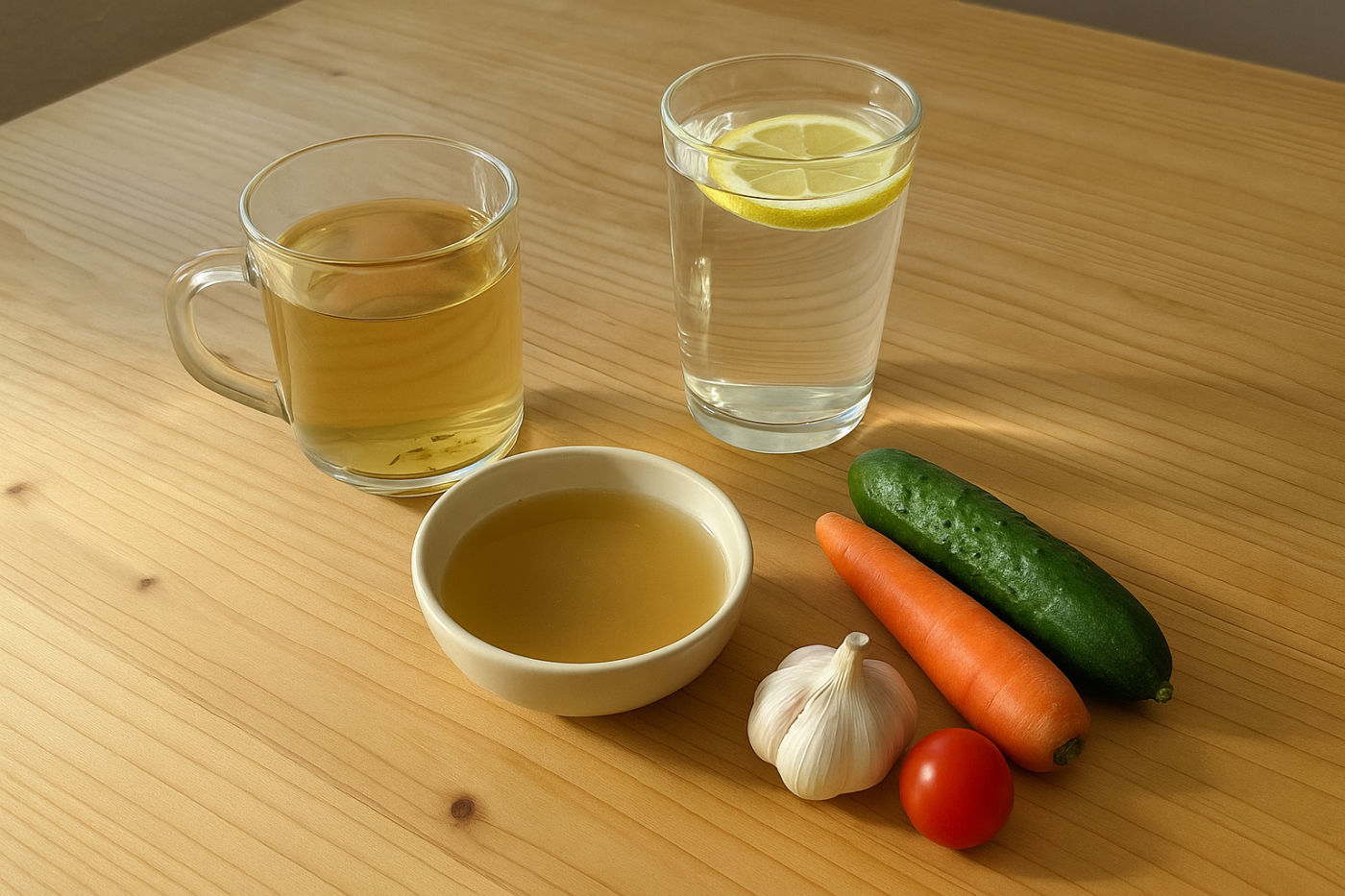 Klare Gemüsebrühe, ein Glas Wasser und Kräutertee auf einem hellen Tisch als typische Begleiter beim Heilfasten