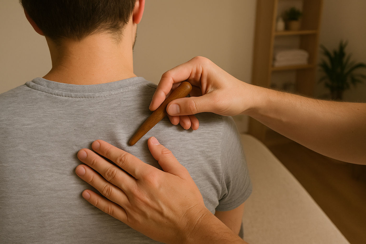 Hände eines Therapeuten stimulieren mit einem runden Massagestäbchen die bekleidete Schulter- und Rückenpartie