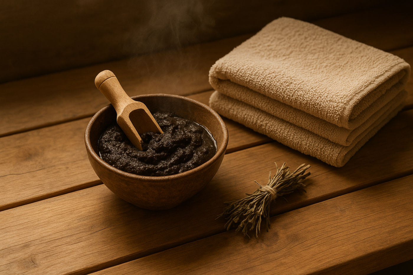 Dunkler Moor-Schlamm in einer Holzschale mit Handtuch in einem warmen Wellness-Ambiente