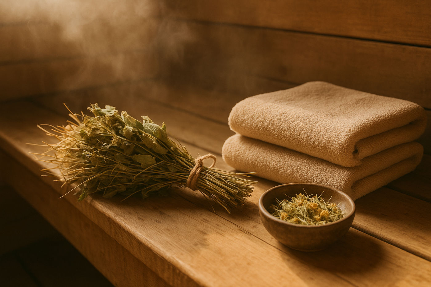 Warmes Heubad-Setting mit gebündeltem Bergheu und Kräutern, Handtuch und Dampf in einem Wellness-Ambiente