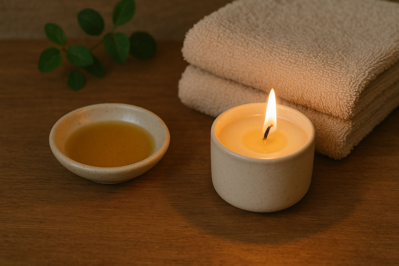 Brennende Massagekerze mit warmem, geschmolzenem Massageöl in einer Schale, daneben gefaltete Handtücher