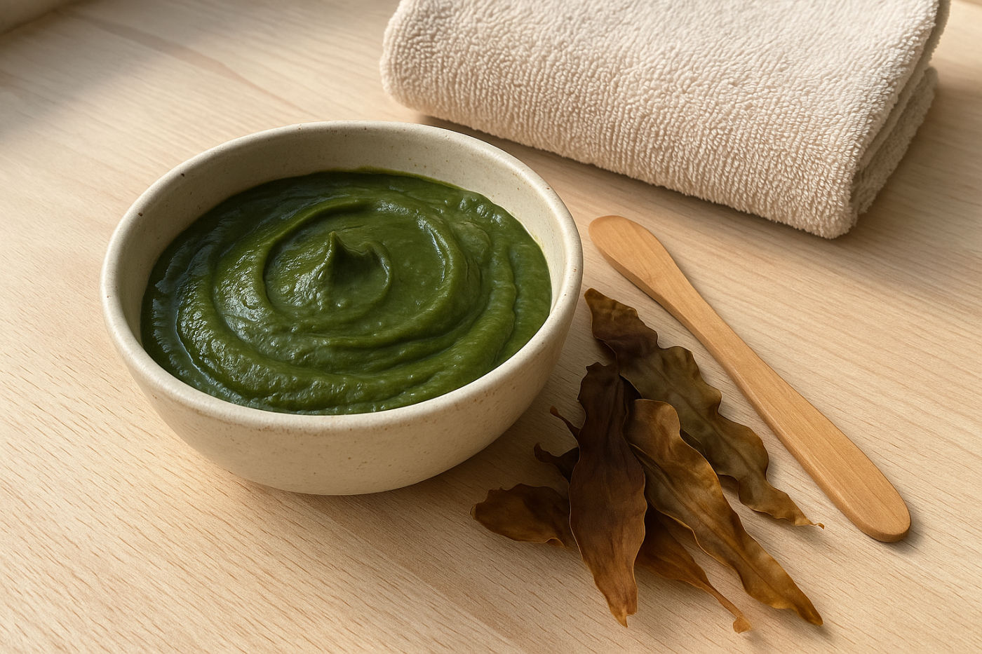 Schale mit grüner Meeresalgen-Paste für eine Algen-Packung, daneben getrocknete Algen und ein Holzspatel