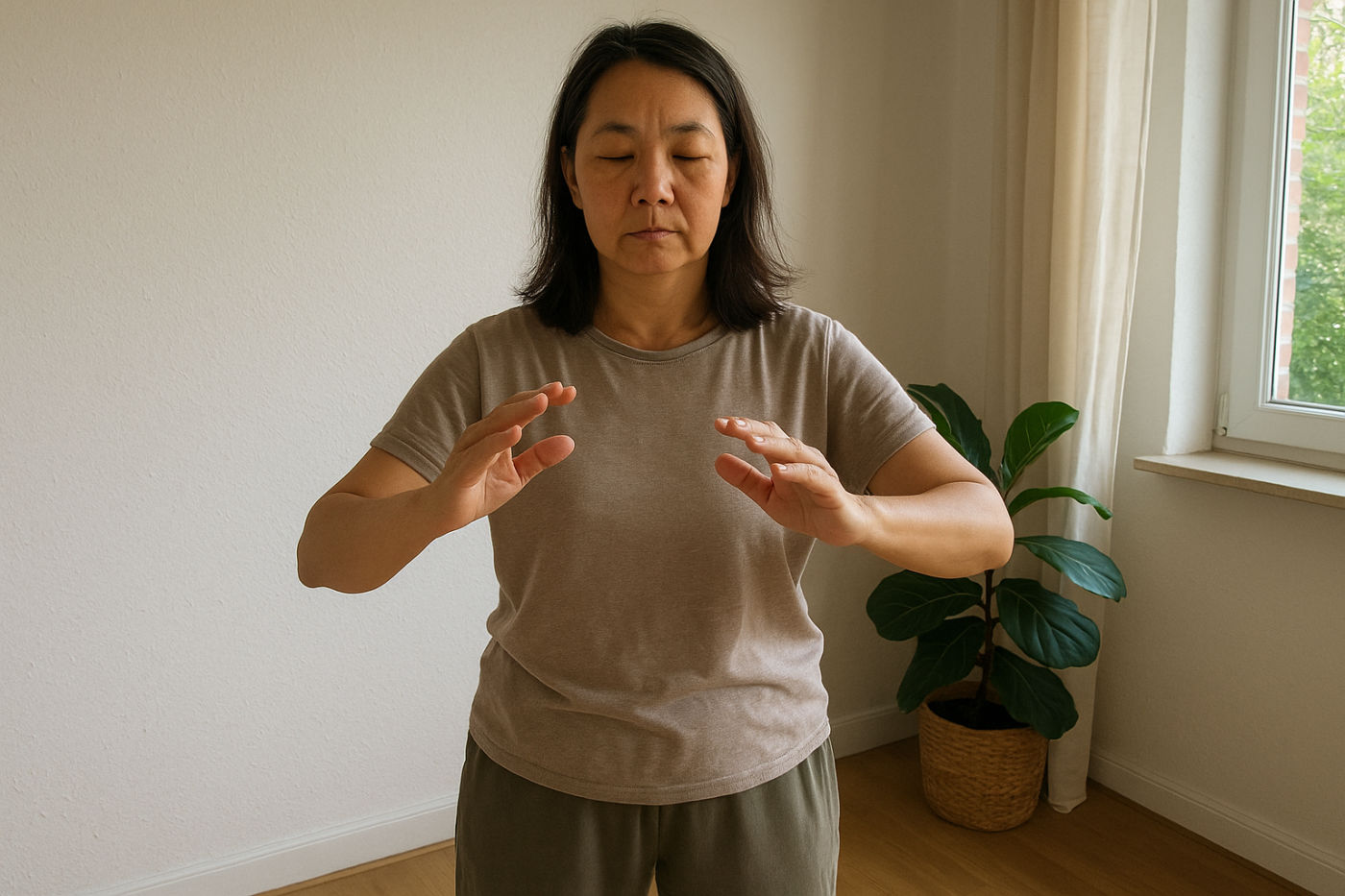 Bekleidete Person in einer ruhigen, fließenden Qigong-Haltung mit sanft erhobenen Armen in einem hellen Raum