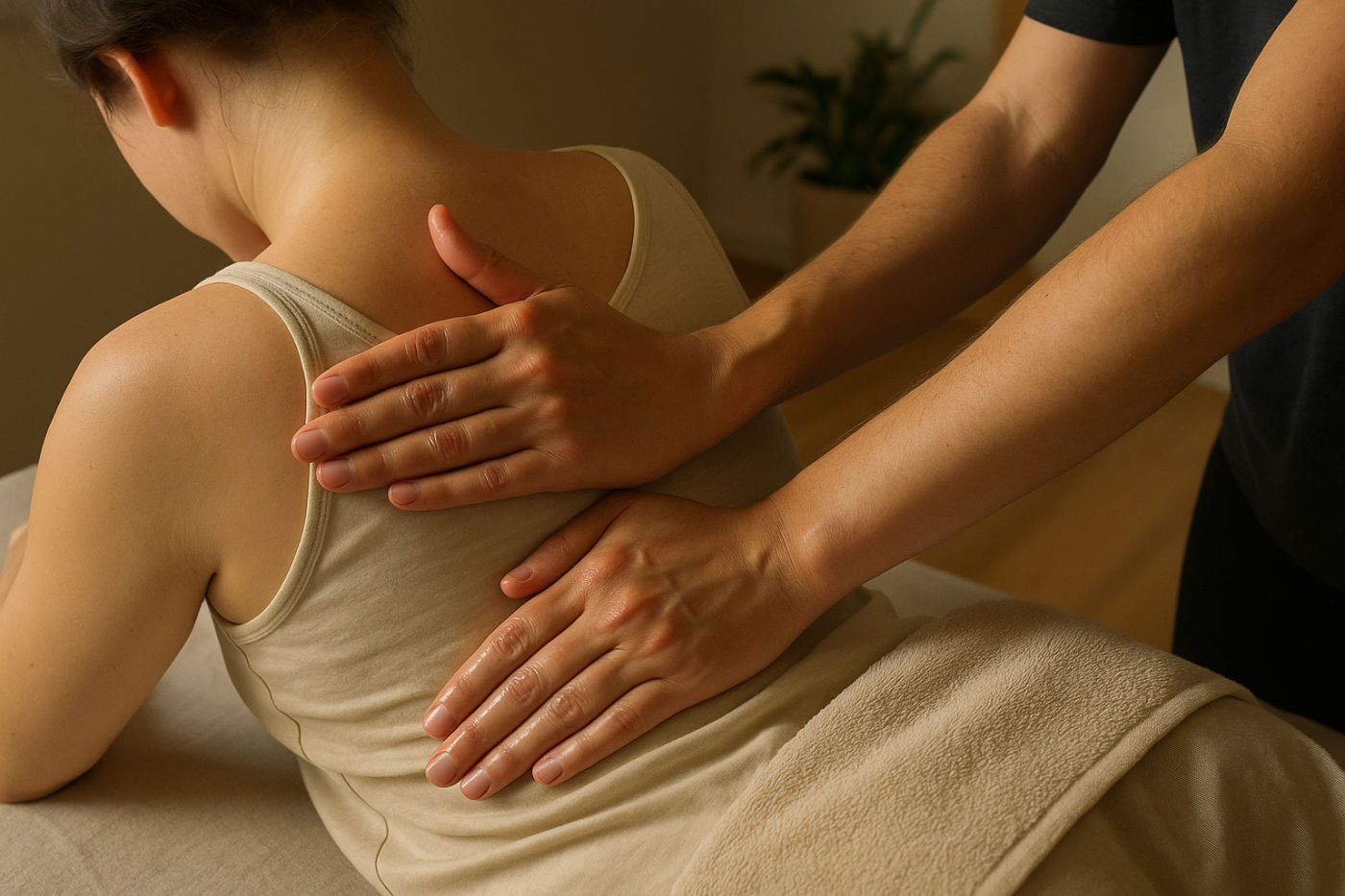 Hände einer Masseurin führen eine lange, fließende Ölstreichung am oberen Rücken und der Schulter einer bekleideten Person mit Tuch aus