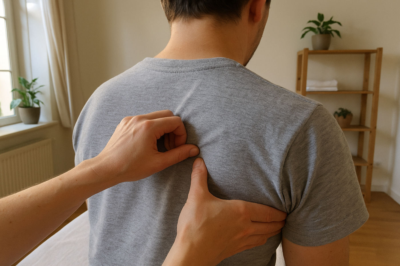Hände einer Masseurin üben gezielten Daumendruck auf eine Schlüsselzone am oberen Rücken und der Schulter einer Person im grauen T-Shirt aus, Detailaufnahme von hinten
