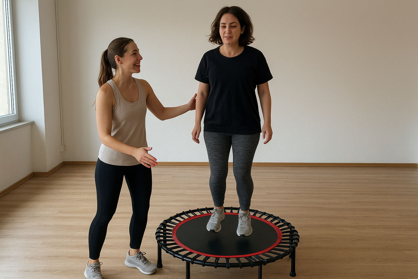 Trainerin leitet eine Person beim Workout auf einem kleinen Fitness-Trampolin in einem hellen Studio an