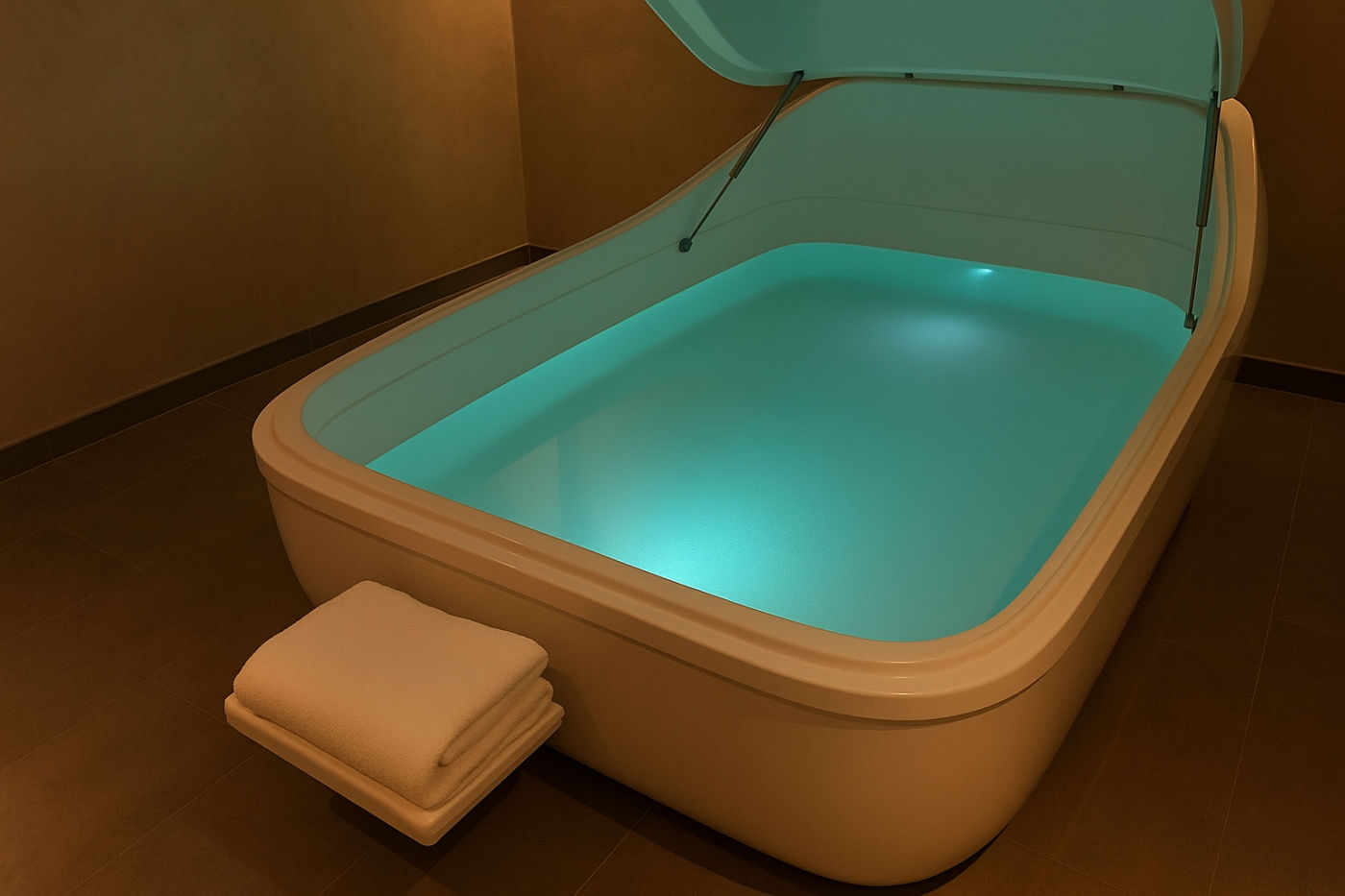 Beleuchtetes Floating-Becken mit Salzwasser in einem ruhigen Spa-Raum