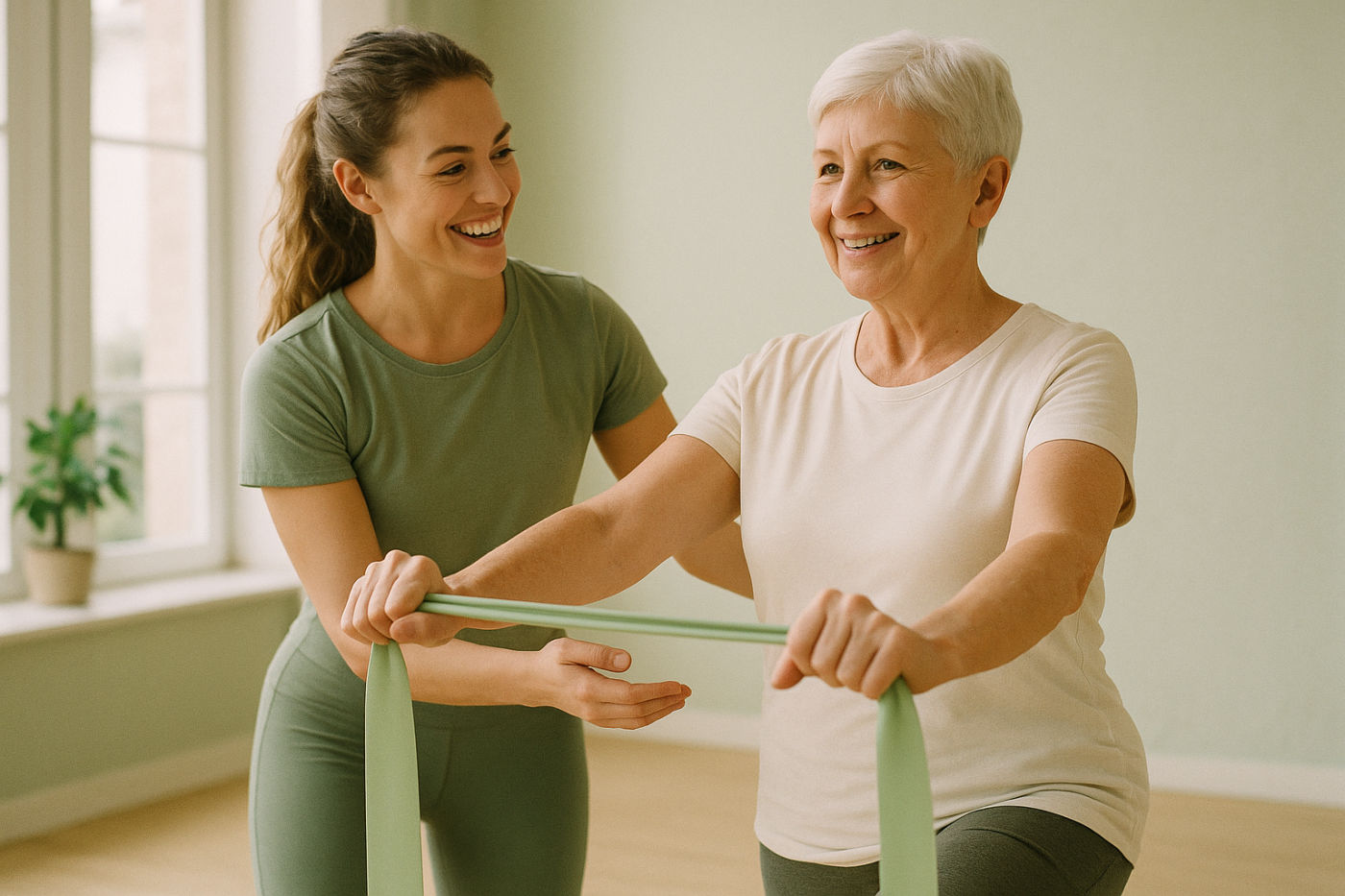 Osteoporose-Trainerin begleitet eine aeltere Frau beim sicheren Gleichgewichtstraining