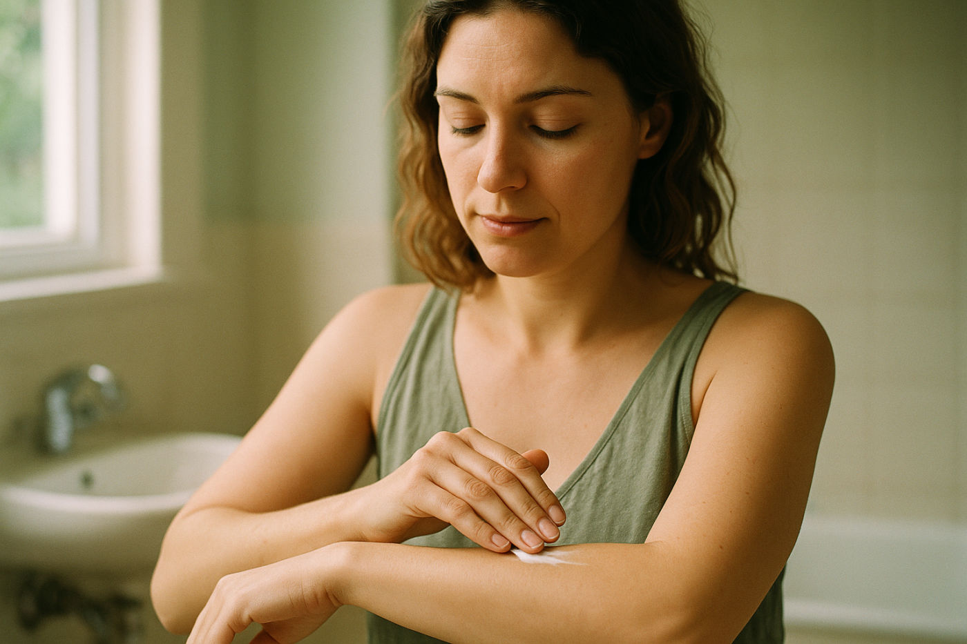 Sanfte Hautpflege und Selfcare: Person cremt beruhigend gereizte Haut am Arm ein