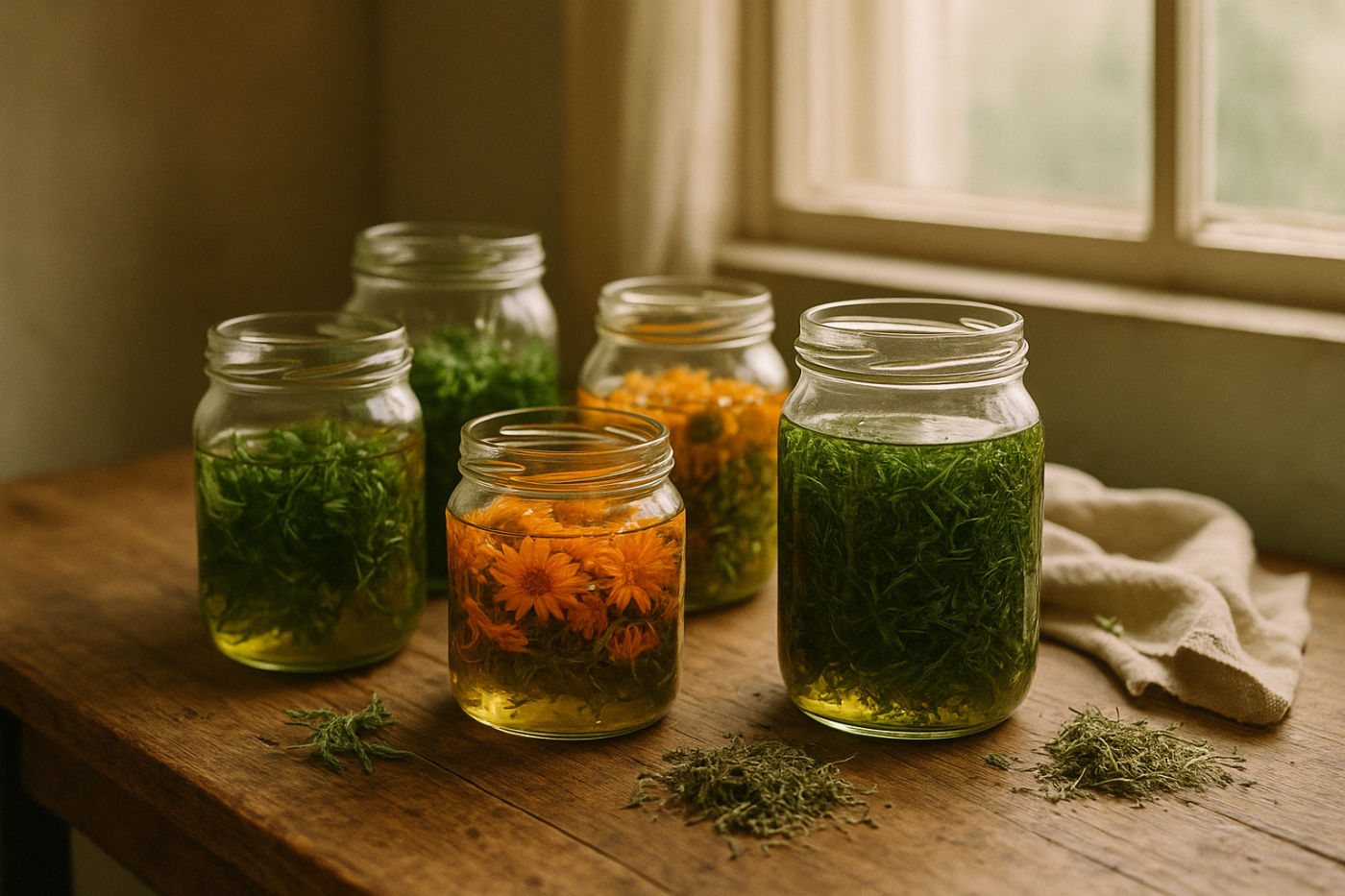 Selbst hergestellte Kräuteröl-Mazerate mit Ringelblume und Lavendel in verschlossenen Gläsern auf einem Holztisch