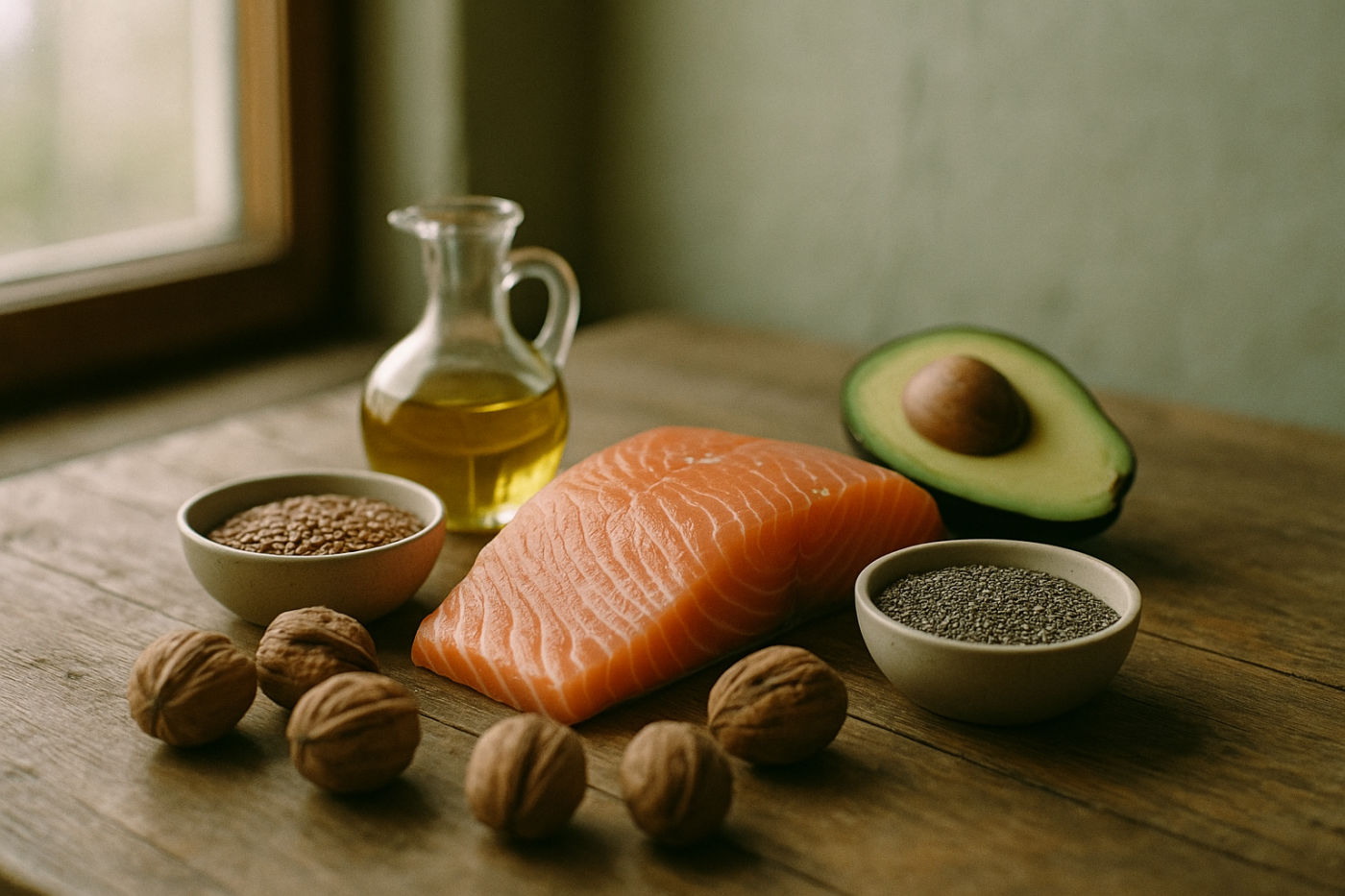 Omega-3-reiche Lebensmittel wie Lachs, Walnüsse und Leinsamen auf einem Tisch