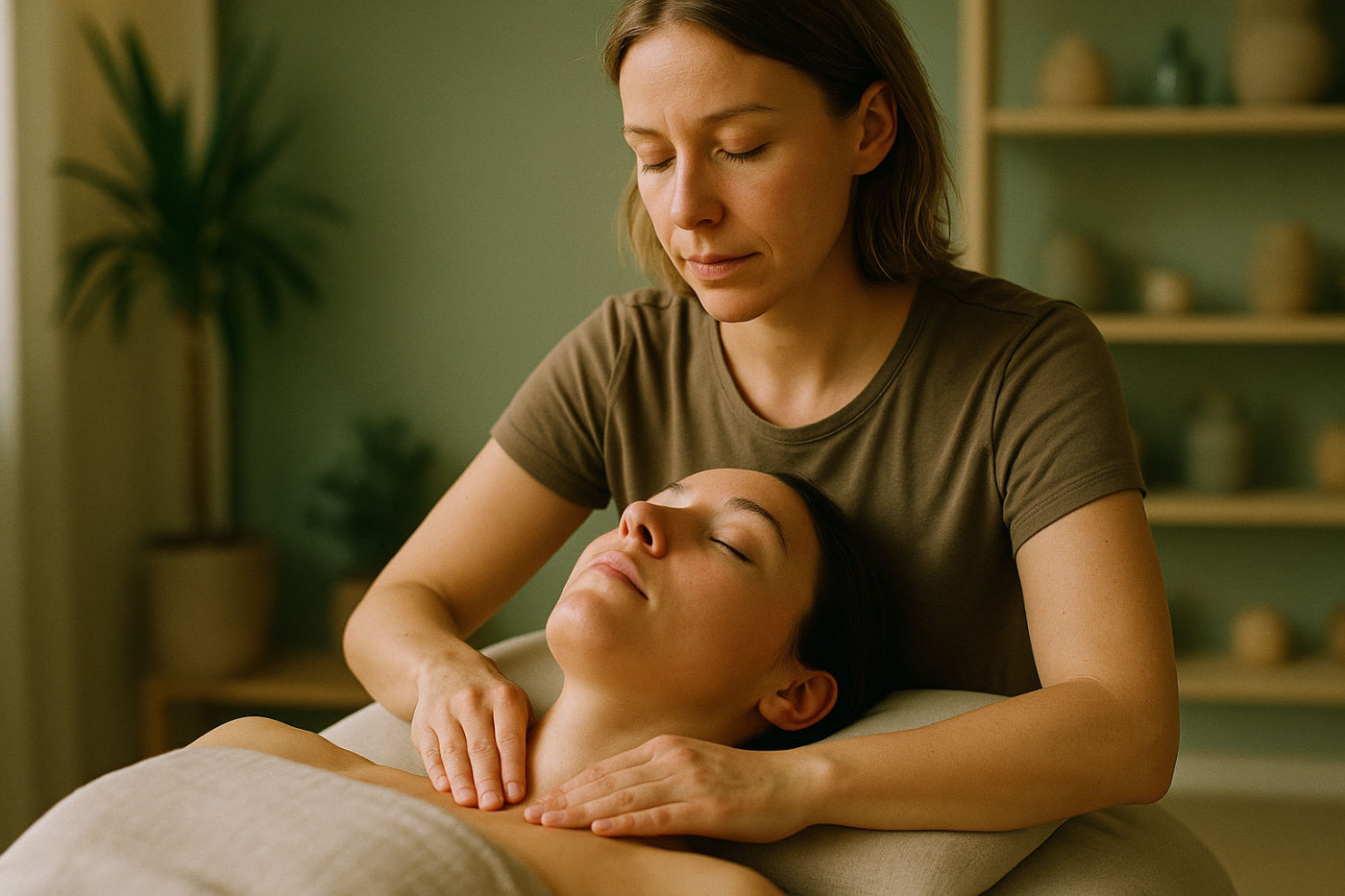 Sanfte Manuelle Lymphdrainage-Massage am Hals zur Unterstützung des Lymphflusses