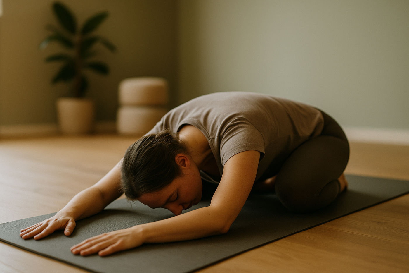 Frau in entspannender Yoga-Ruhehaltung auf einer Matte mit geschlossenen Augen und ruhiger Atmung