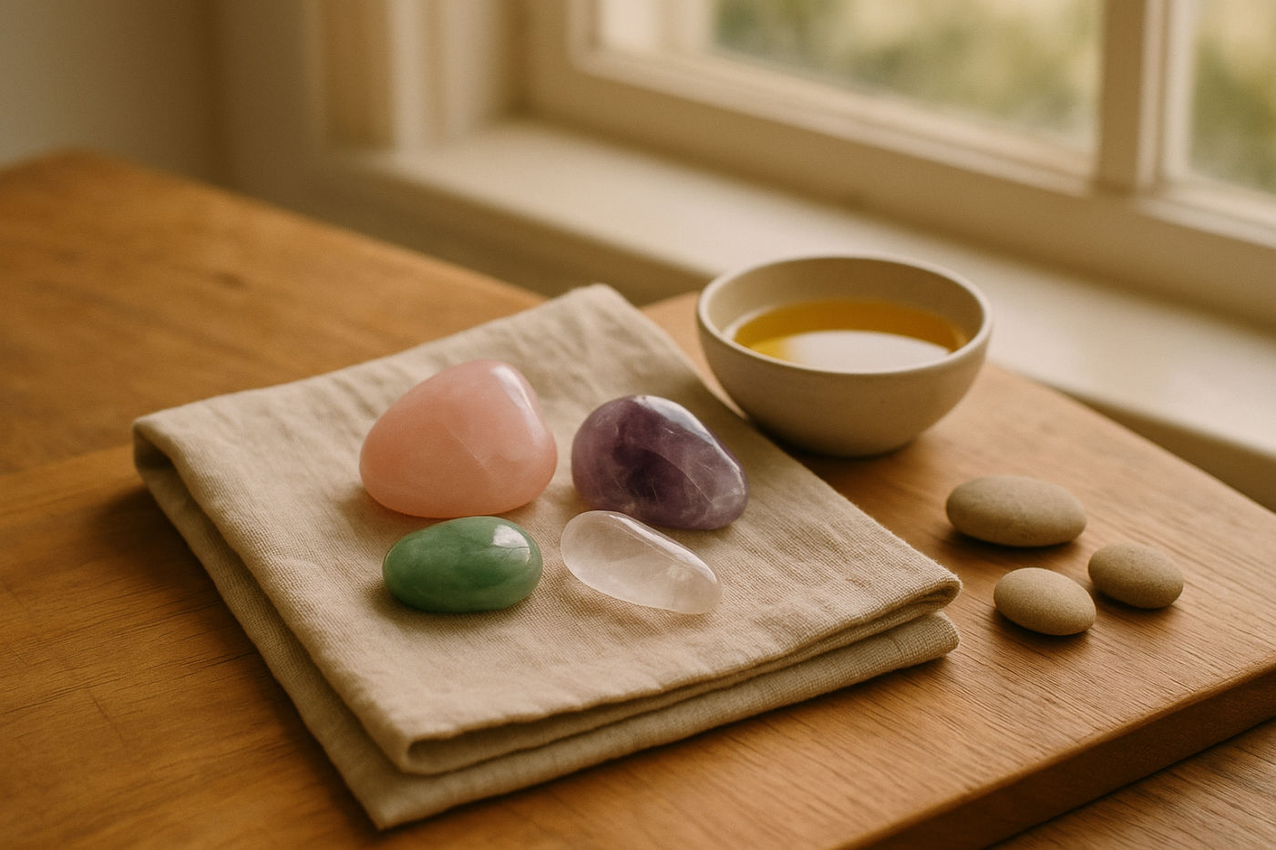 Edelsteine und Kristalle für eine Edelsteinmassage im Wellness-Setting
