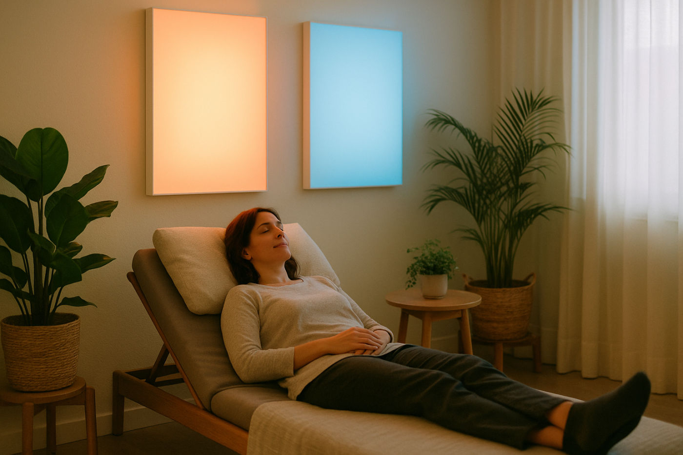 Entspannter Wellness-Raum in farbigem Licht mit sanfter Beleuchtung zur Farbtherapie