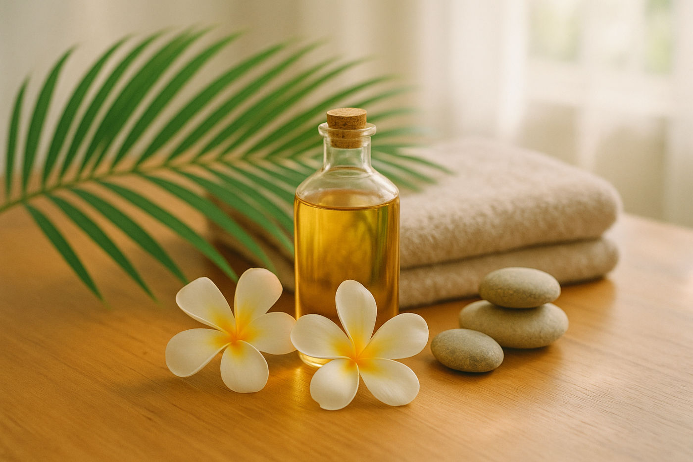 Tropisches Hawaii-Wellness-Stillleben mit warmem Massageöl, Blüten und grünen Blättern für die Lomi Lomi Nui Massage