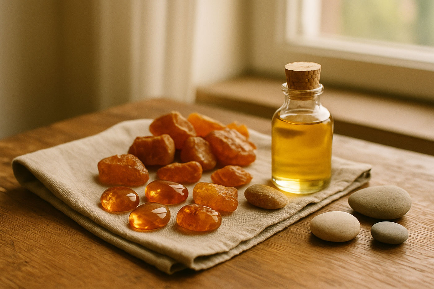 Warme Bernsteine und Massageöl in einem stimmungsvollen Wellness-Stillleben