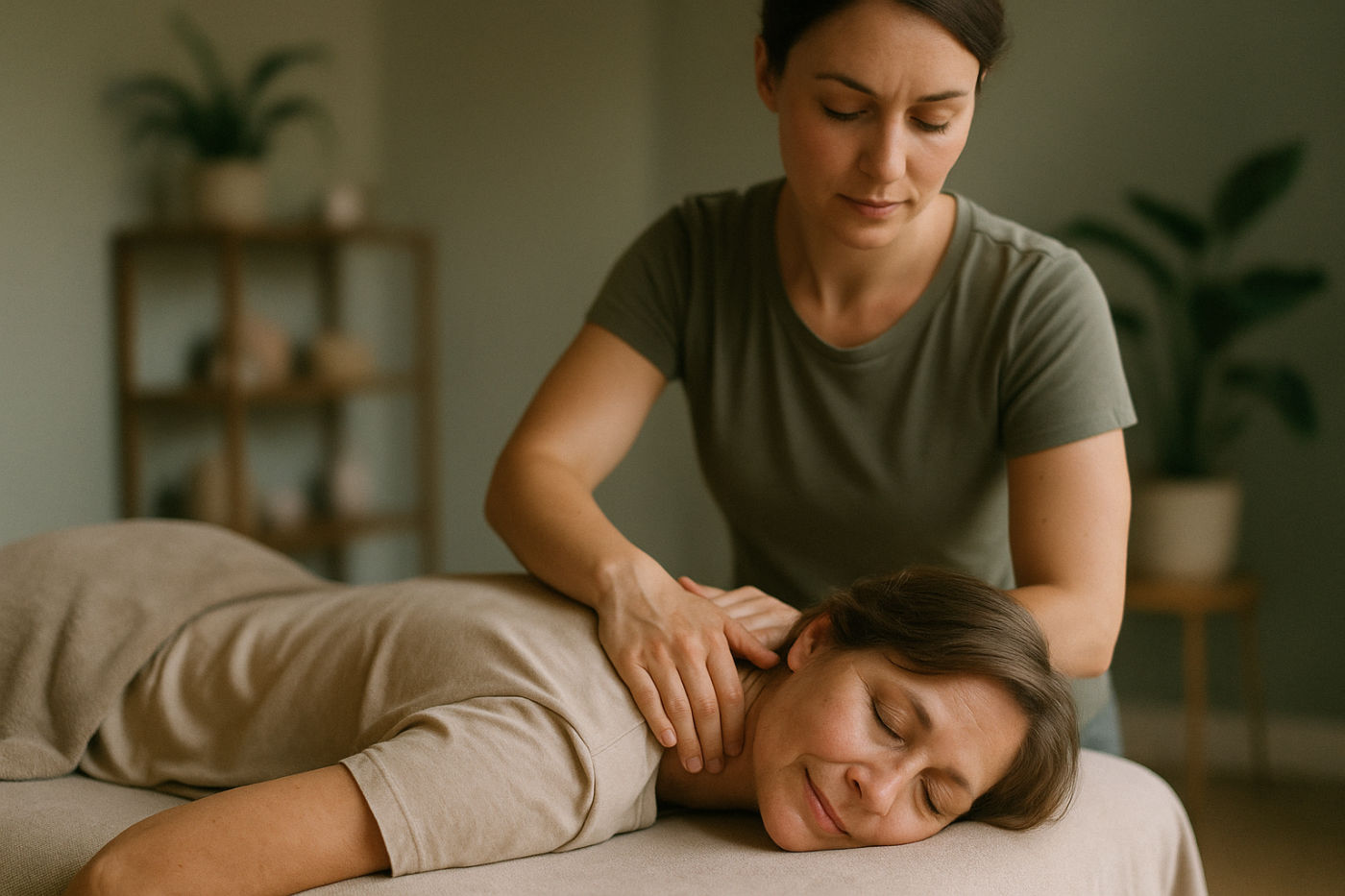 Entspannende Rücken- und Schultermassage einer Frau um die 50