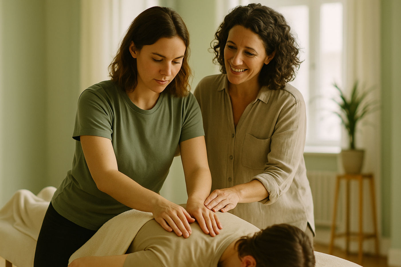 Angehende Wellness-Masseurin übt in der Massage-Ausbildung eine klassische Rückenmassage an einer Übungsliege