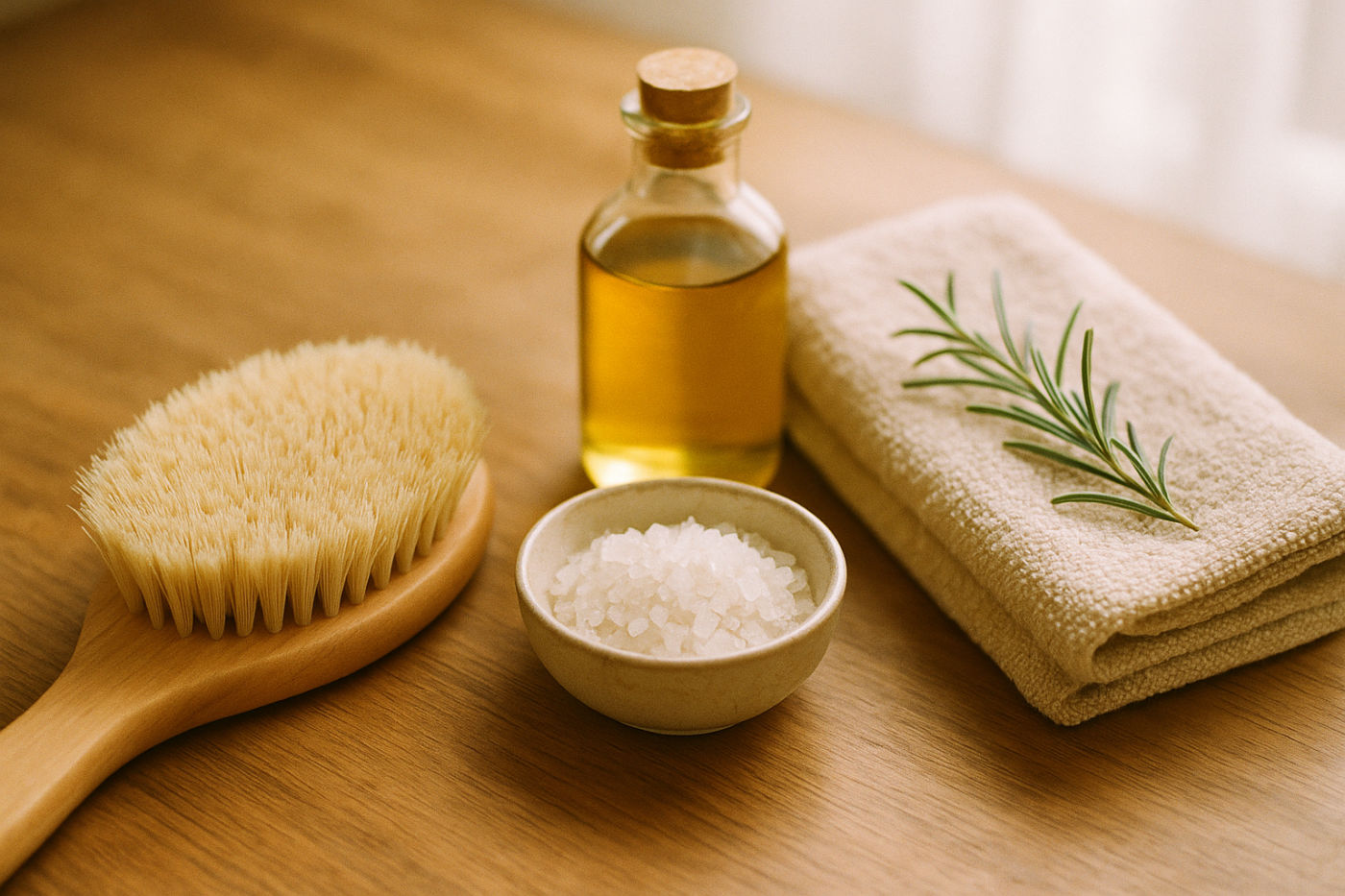 Naturborsten-Bürste, Körperpeeling und Massageöl als Wellness-Stillleben für ein besseres Hautgefühl