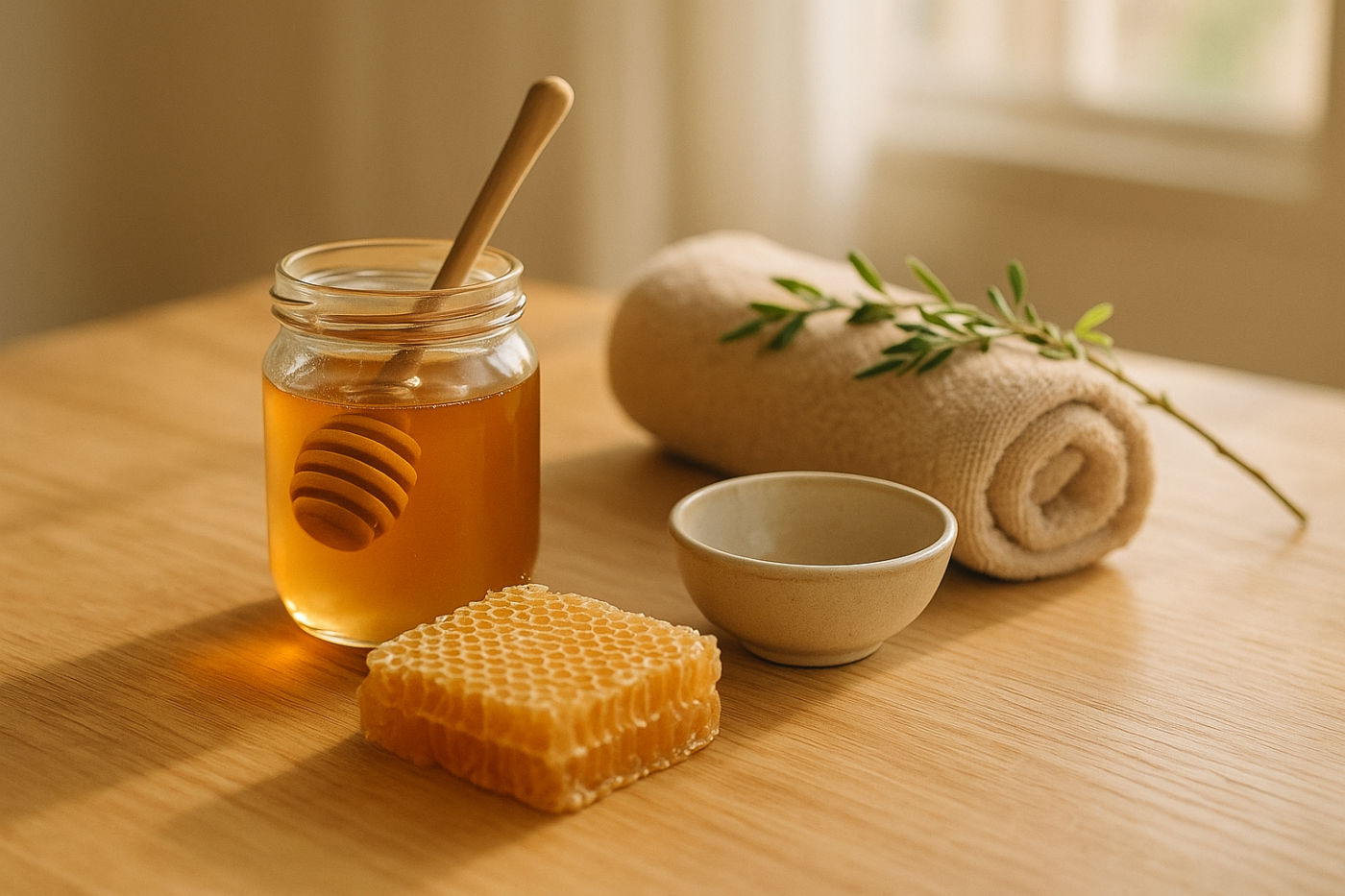 Honig und Honigwabe für eine Honigmassage im Wellness-Setting