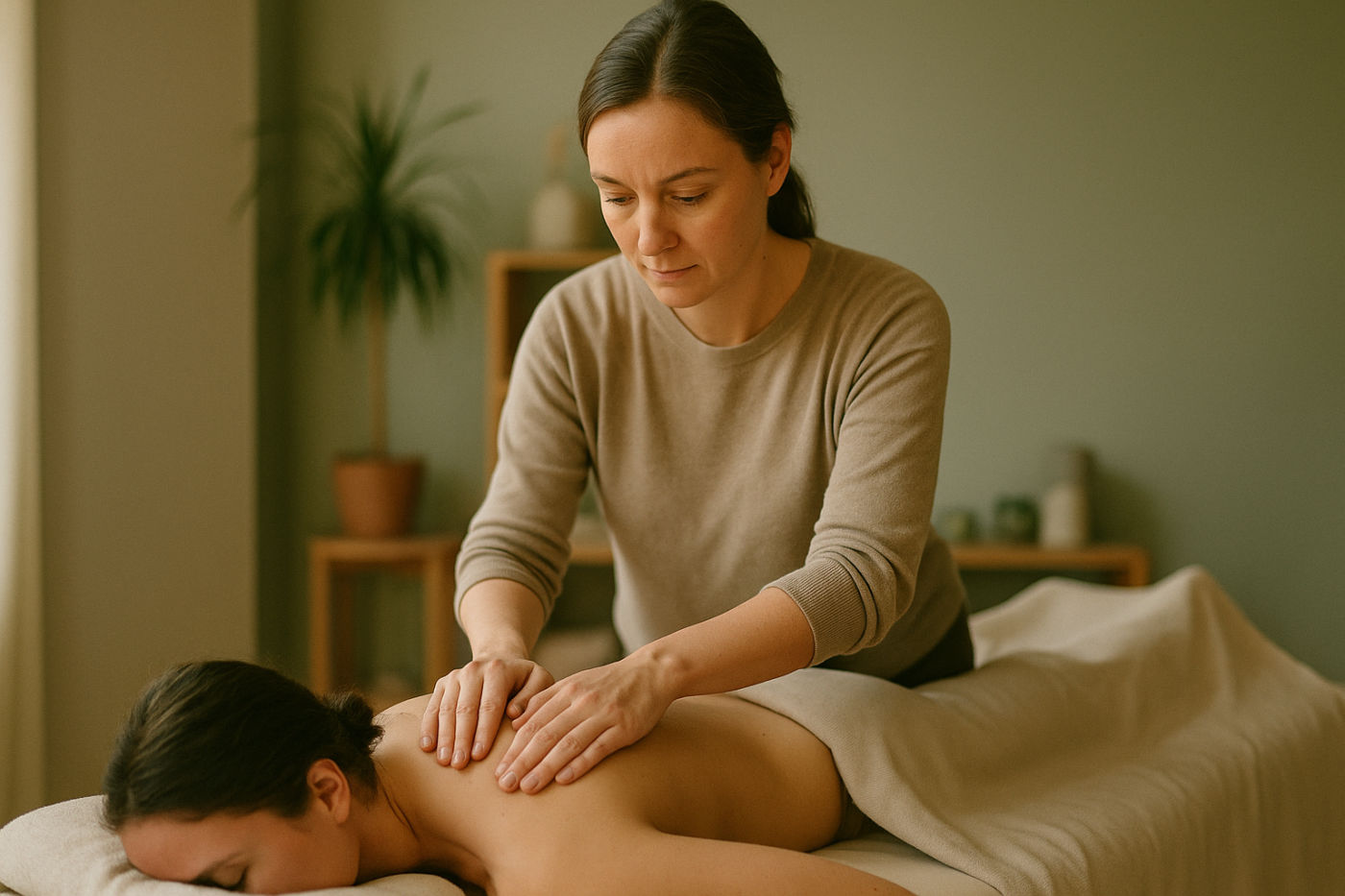 Angehende Masseurin übt in der Massage-Ausbildung eine Rückenmassage – Lernszene mit professioneller Grifftechnik