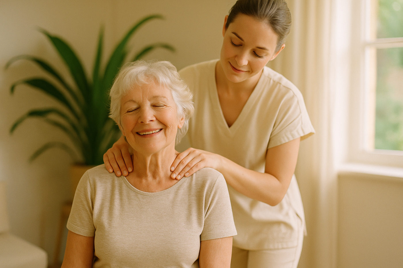 Sanfte Schulter- und Nackenmassage bei einer entspannten Seniorin